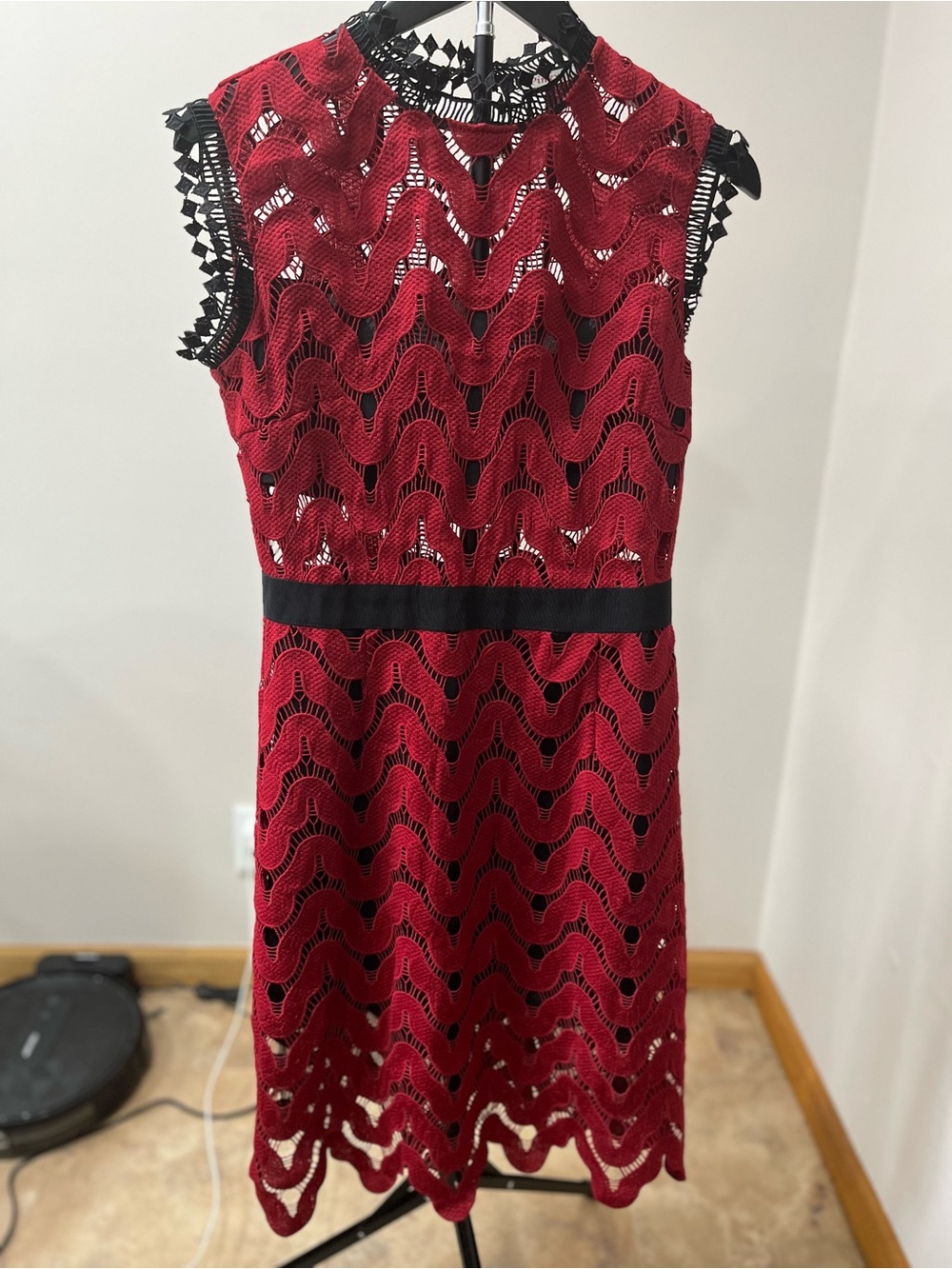 Pinky Red Lace Midi Dress with Black Waistband